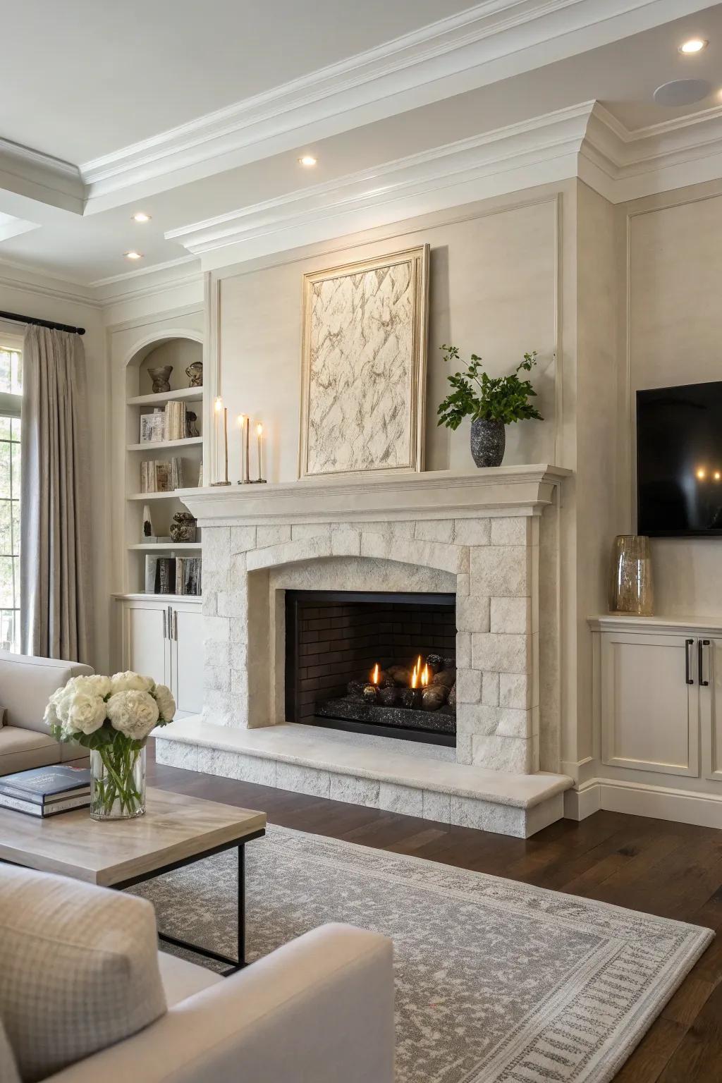 A modern space with a minimalist stone fireplace and mantel, emphasizing clean lines.