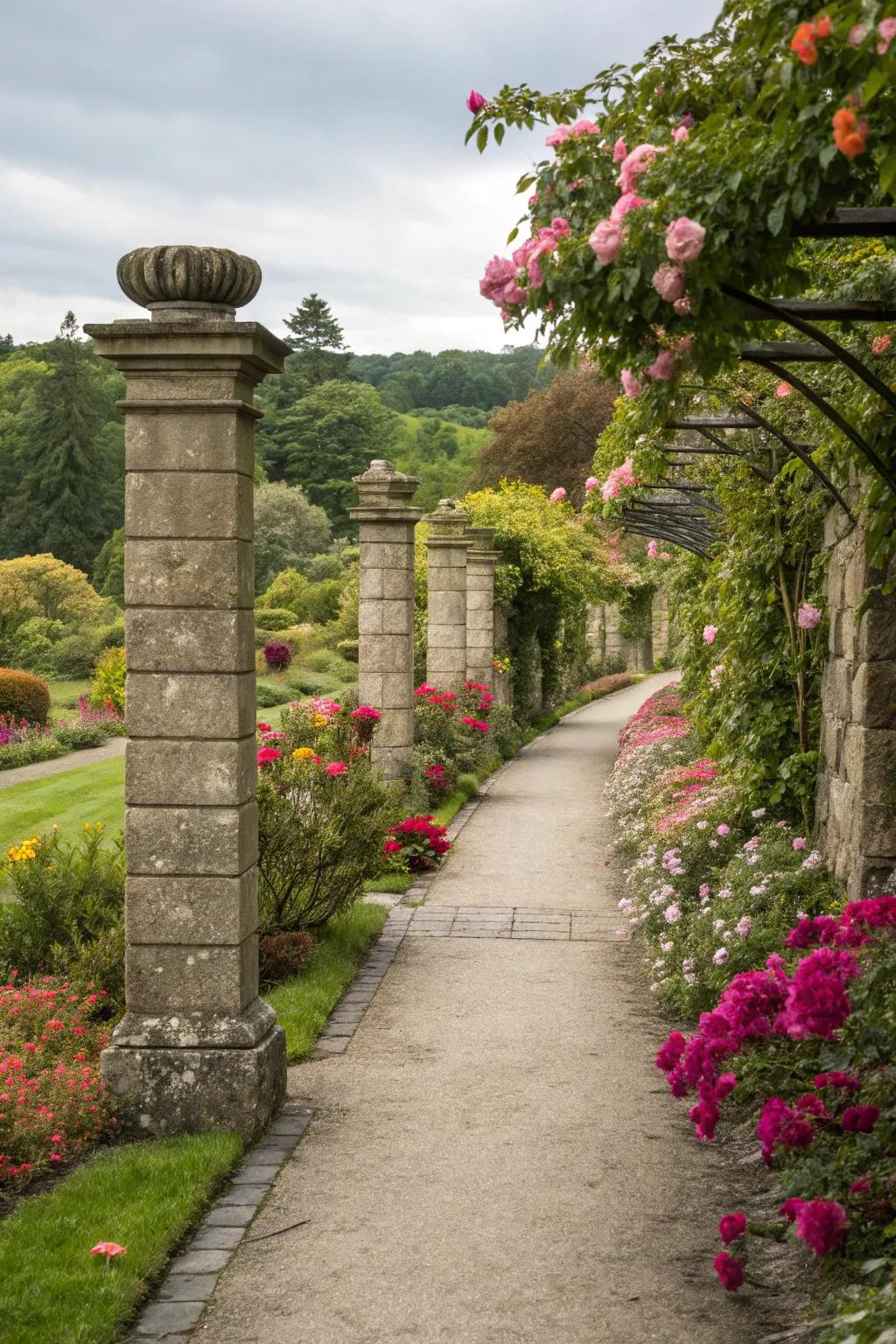 Create a whimsical garden journey with stone pillars.