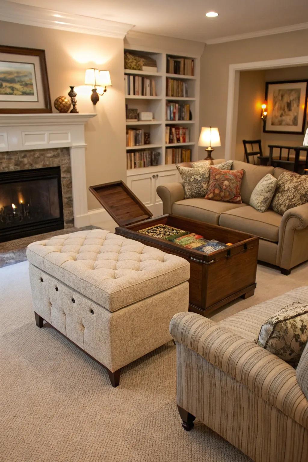 Living room featuring a storage ottoman.