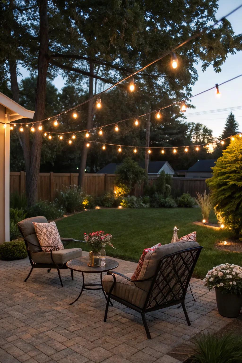 Illuminate your backyard with the enchanting glow of string lights.