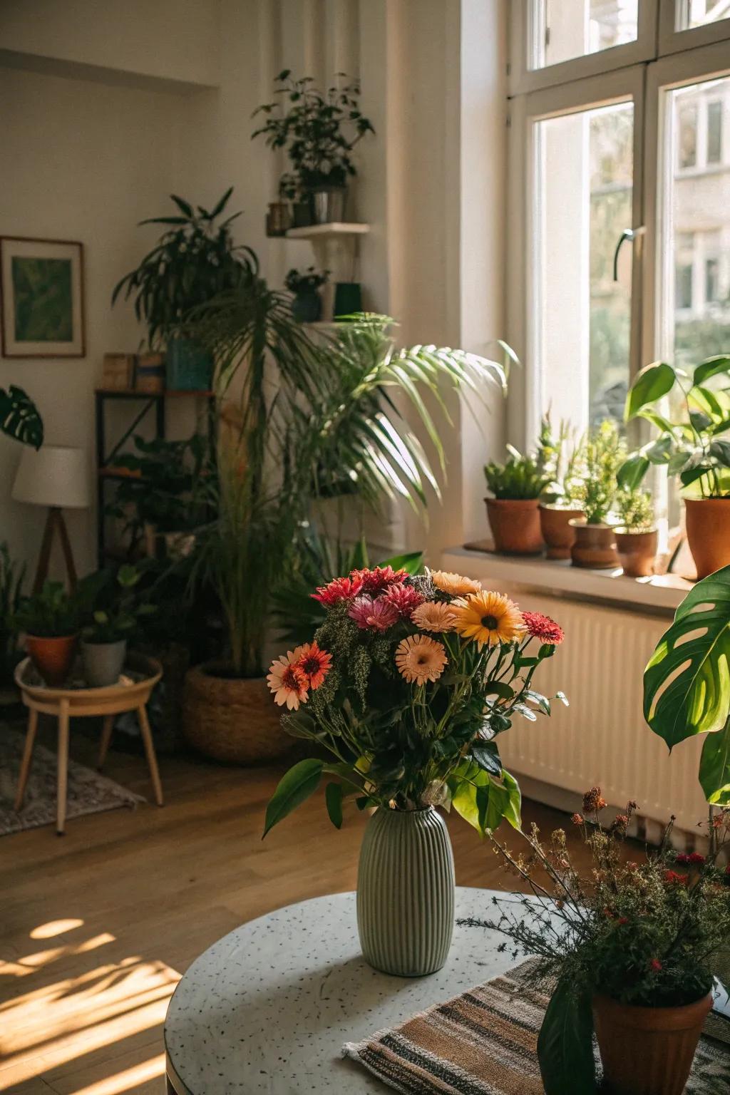 Lush greenery and vibrant flowers brighten up the interior.