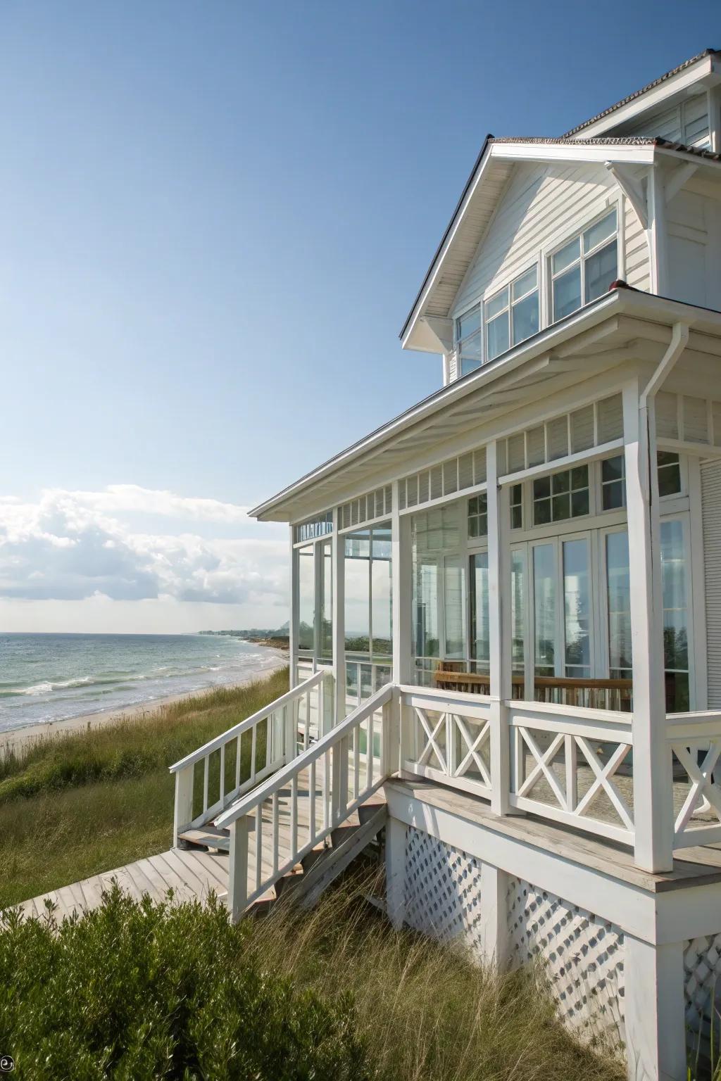 A coastal white summer house offering a refreshing seaside vibe.