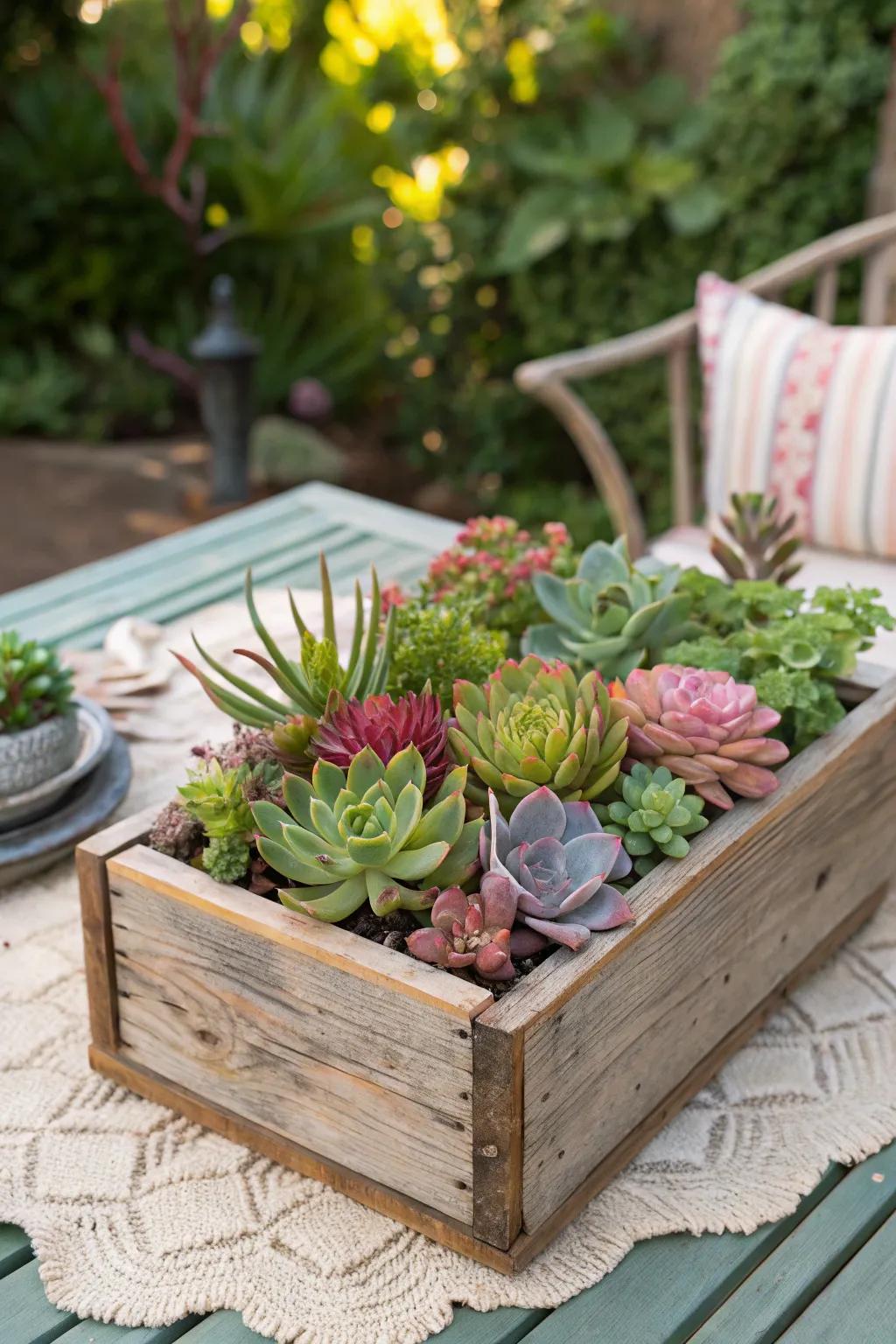 Colorful succulents in a rustic wooden box