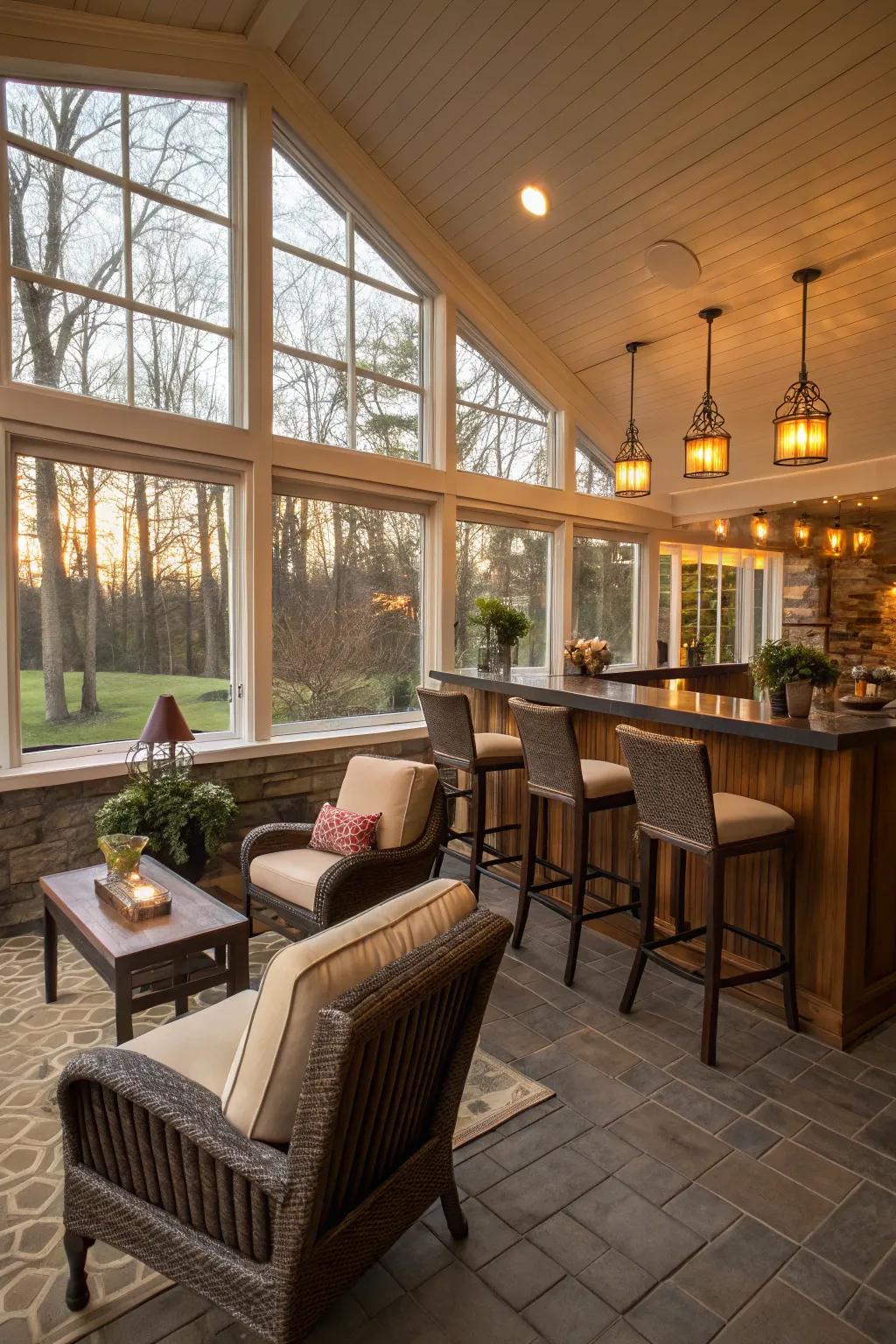 A cozy seating nook in your sunroom bar fosters social interaction and comfort.
