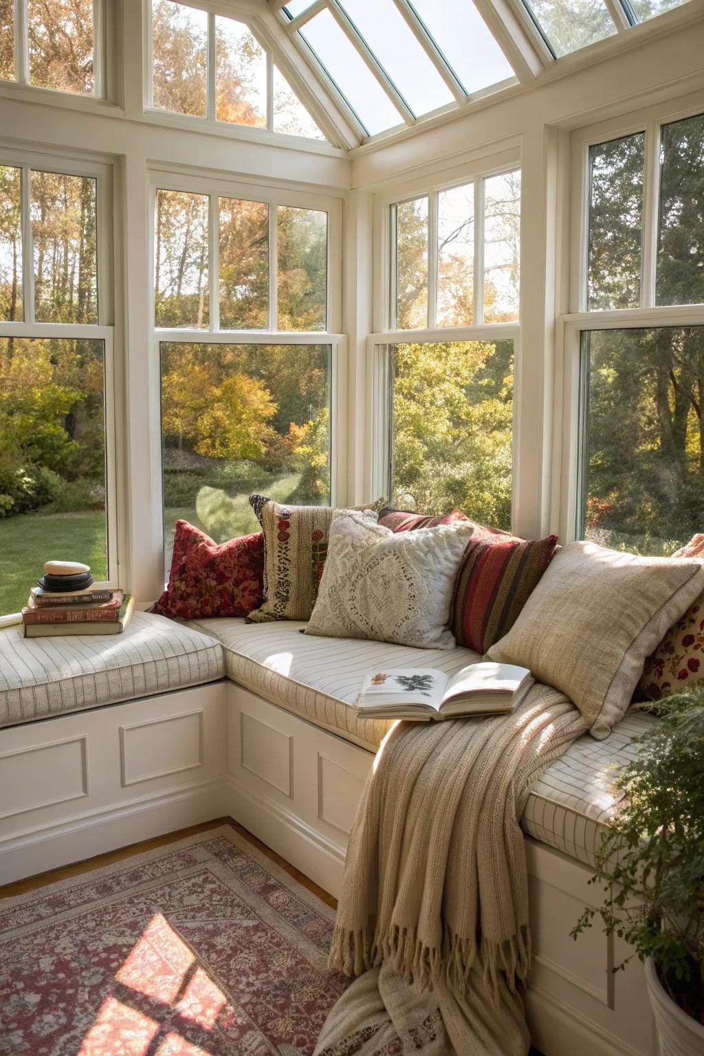 Bay windows create a cozy reading nook in your sunroom.