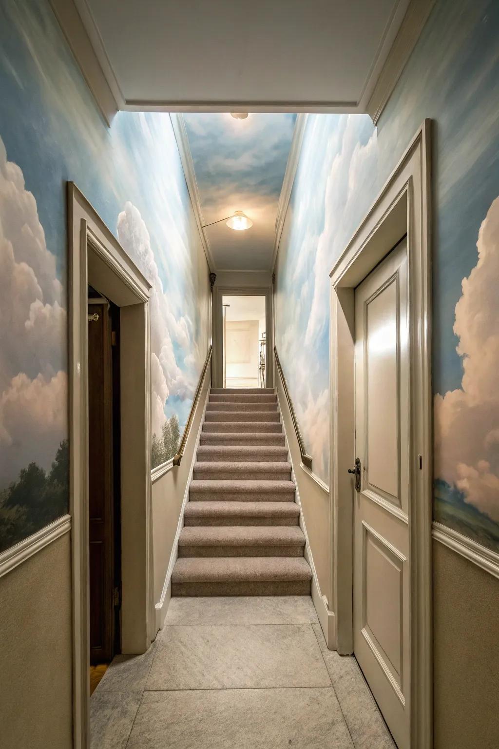 A hallway with stairs that lead into a surreal sky.