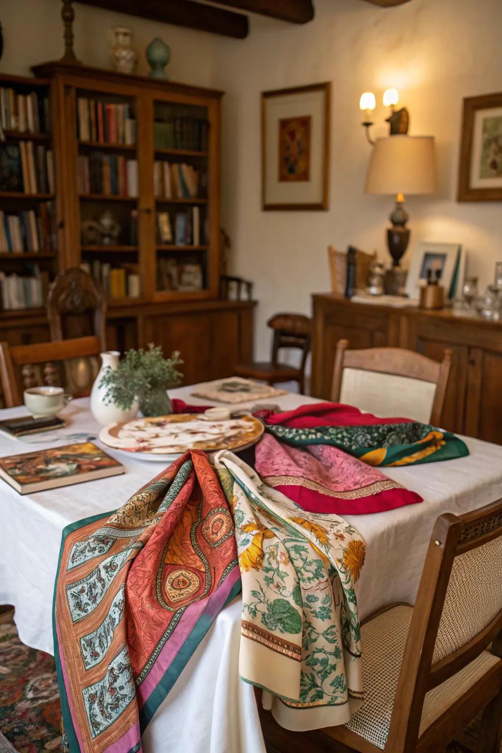 Vintage scarves add a unique and personal touch to any table.