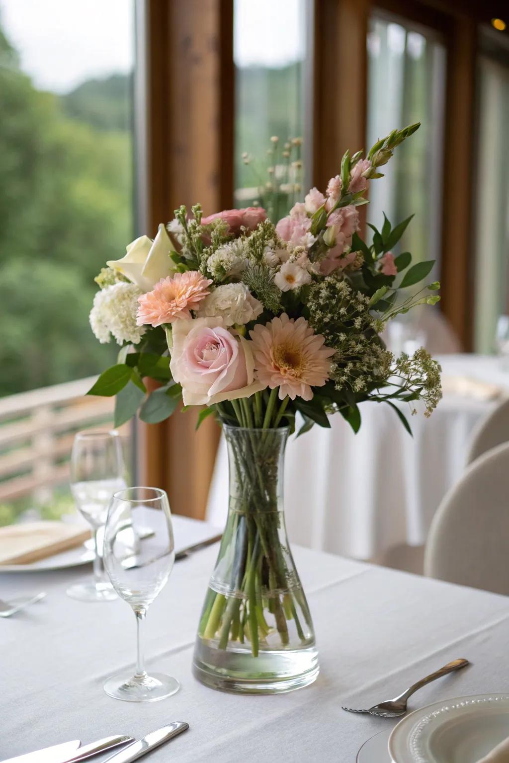 An elegant clear glass vase showcasing a simple yet stunning flower arrangement.