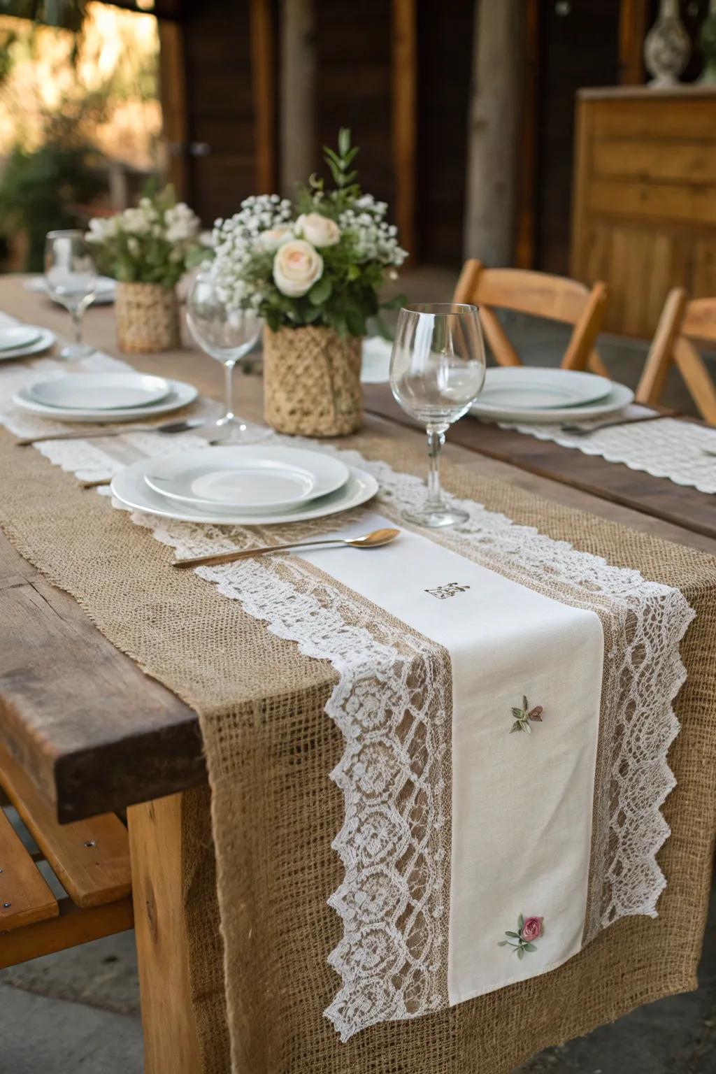 Burlap and lace table runner for a rustic, cozy ambiance.