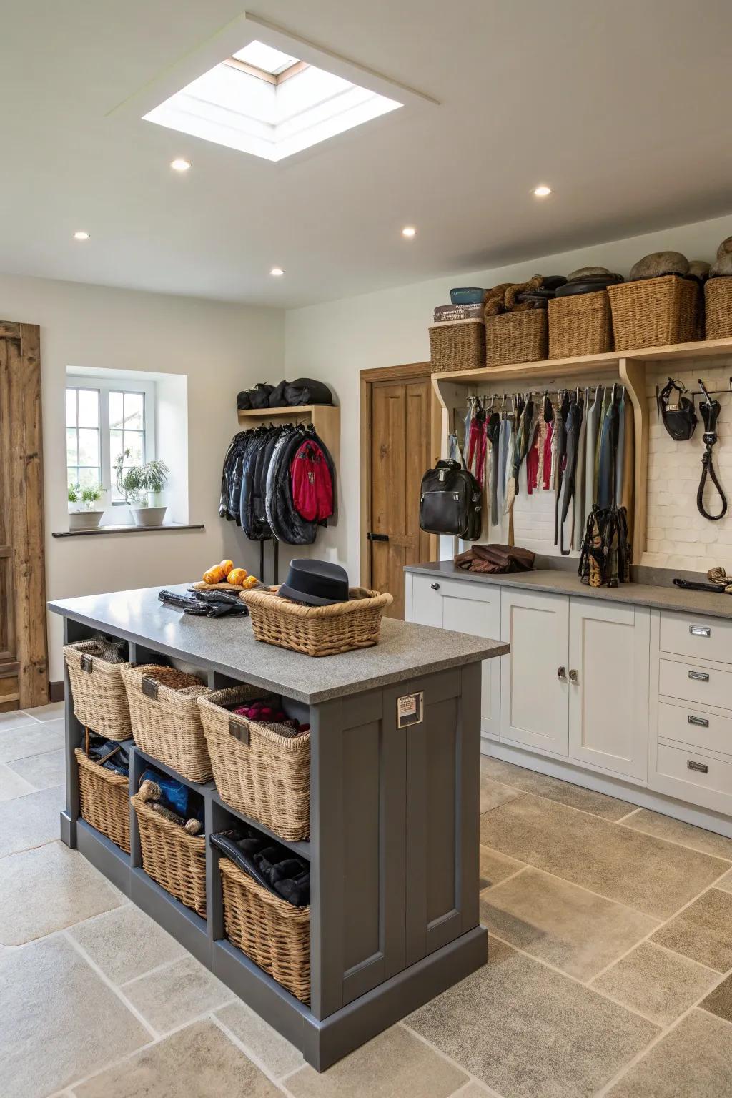 A tack room with a central island for storage and workspace.