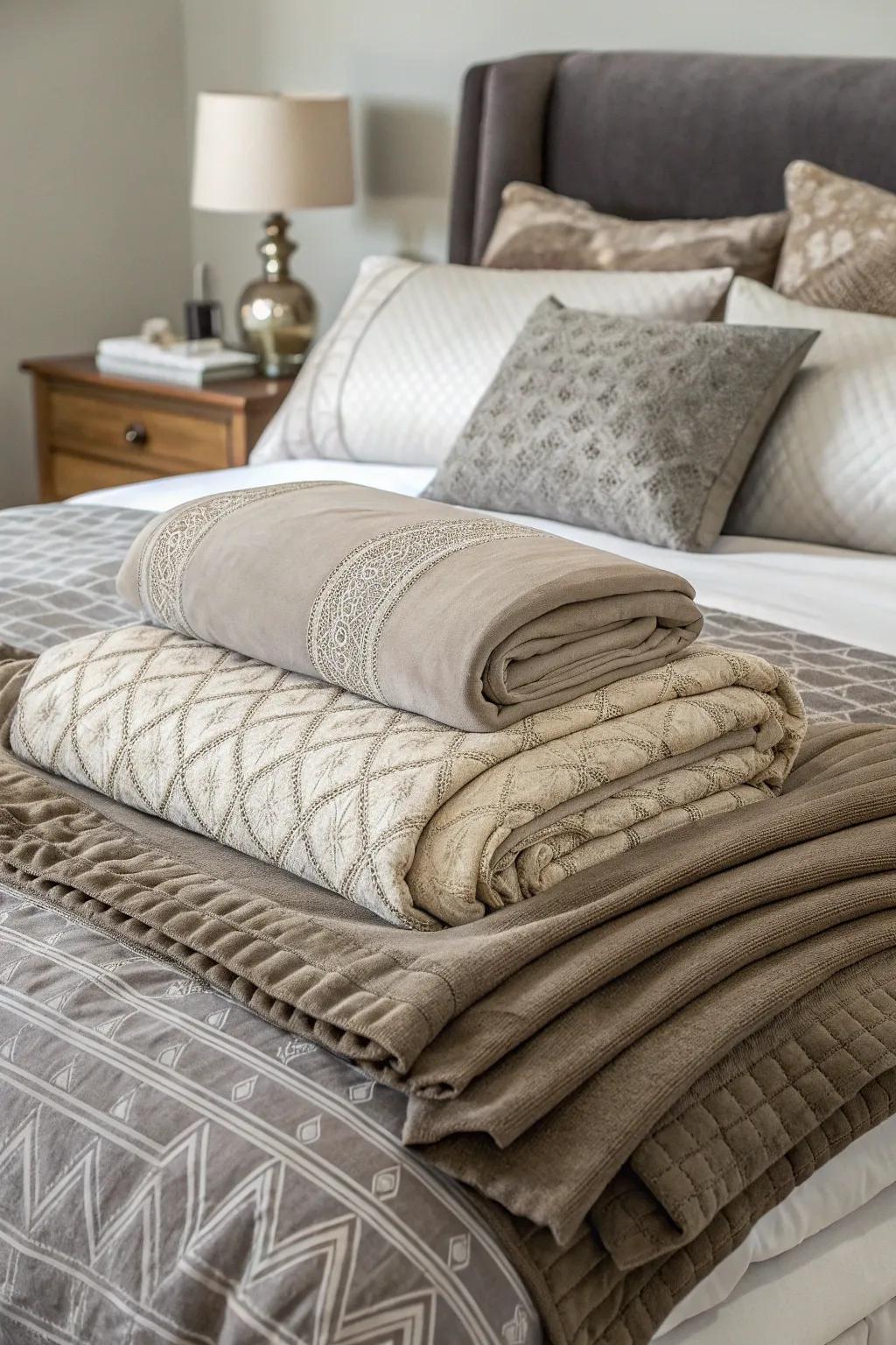 A bed layered with plush taupe and grey bedding.