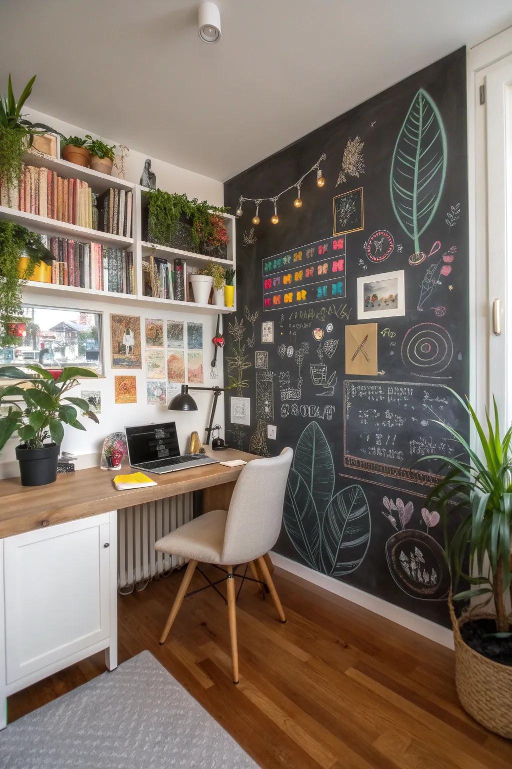 A chalkboard wall in a home office inspires creativity and organization.