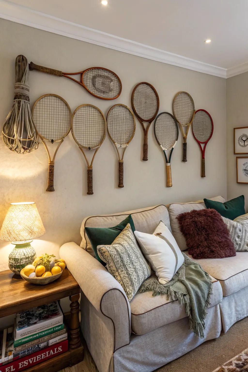 Vintage tennis rackets make for striking wall art.