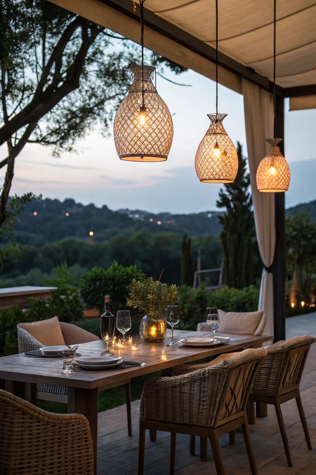 Chic pendant lights enhance your outdoor dining experience.