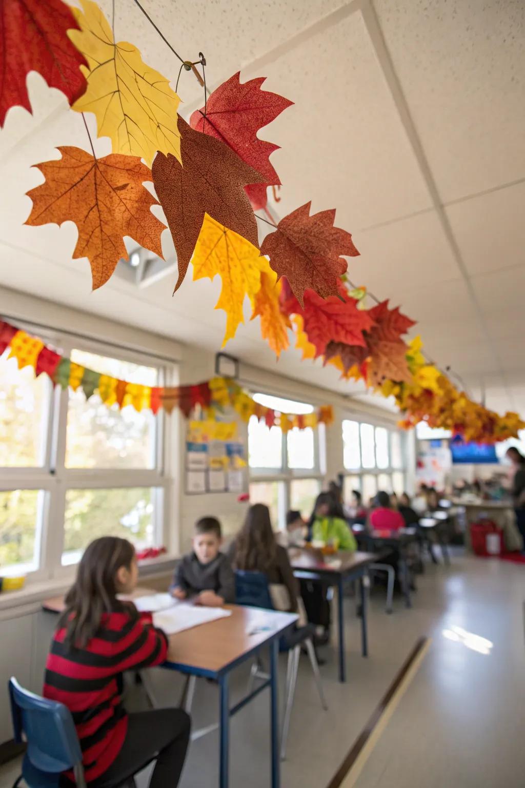 An autumn leaf garland adds a splash of color to the classroom.