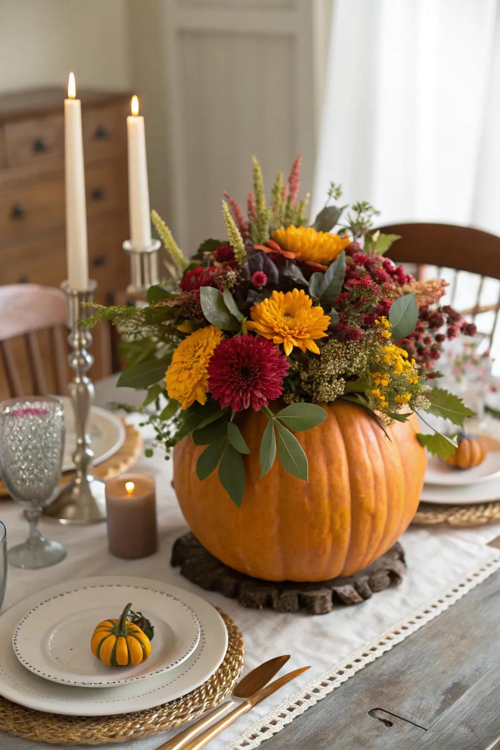 A pumpkin centerpiece filled with vibrant flowers.