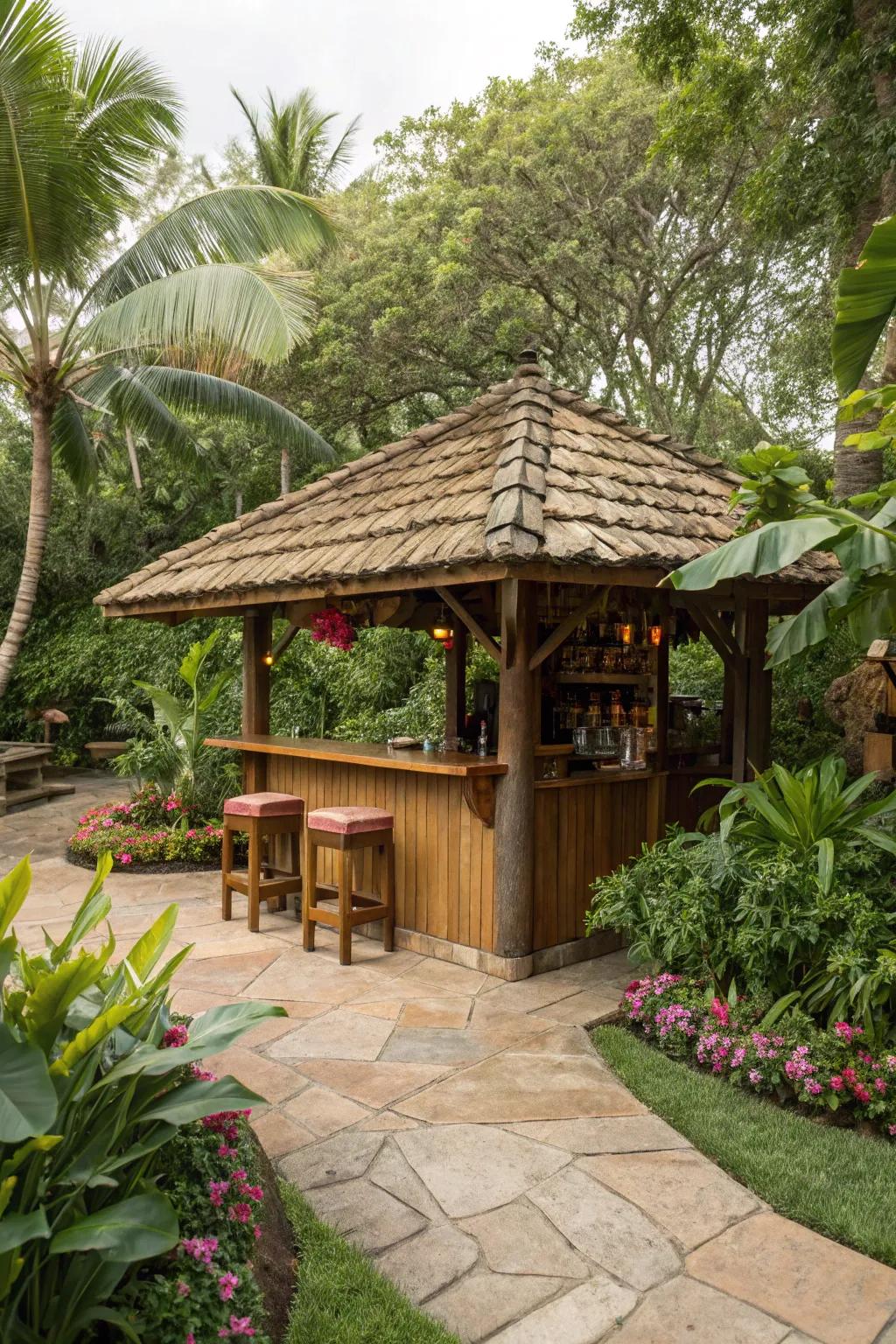 Rustic wooden shingles add timeless appeal to your tiki bar.