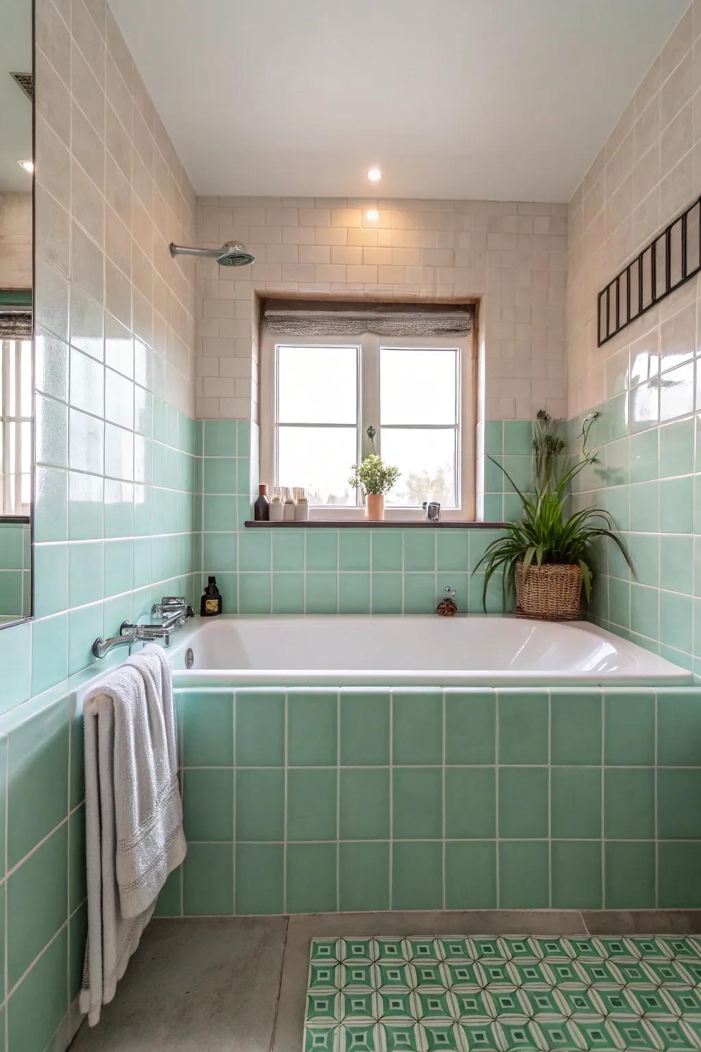 Pastel tiles offer a gentle and soothing touch to your bathing space.