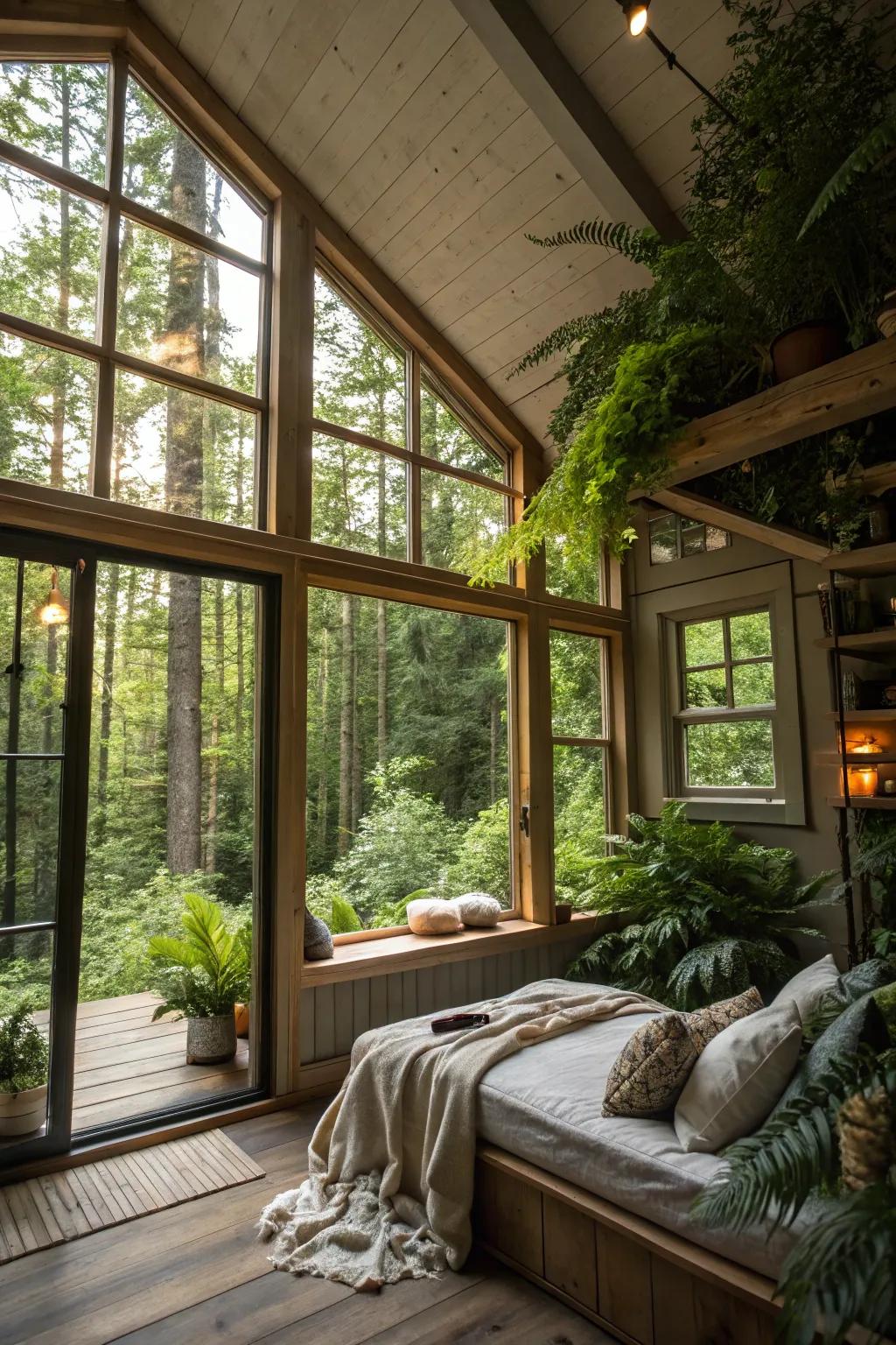 Large windows flood this tiny house with natural light, creating an inviting ambiance.