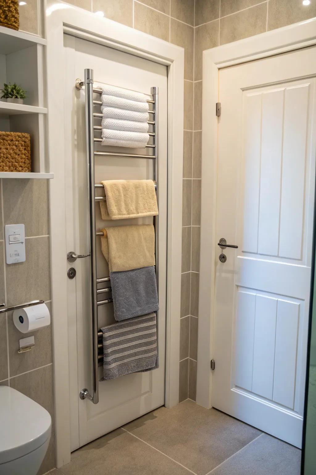 Make the most of your bathroom door with an over-the-door towel rack.