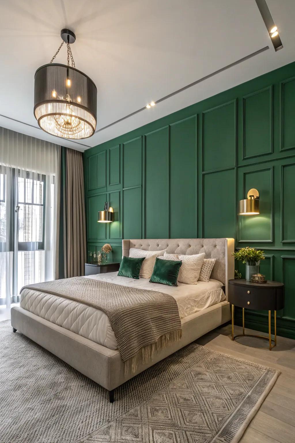 A townhouse bedroom featuring a bold emerald green accent wall.