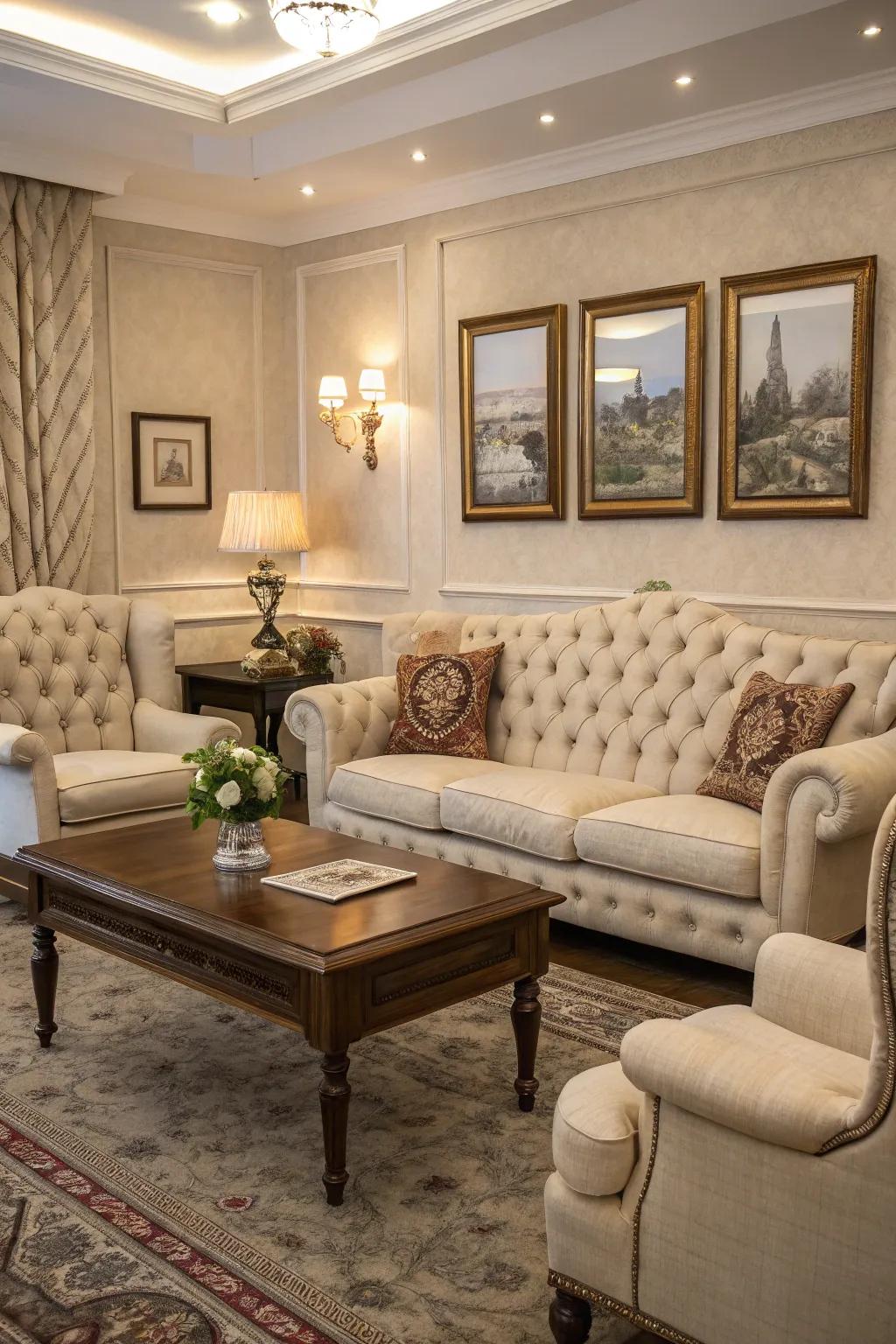 Classic furniture styles elevate the elegance of a traditional living room.