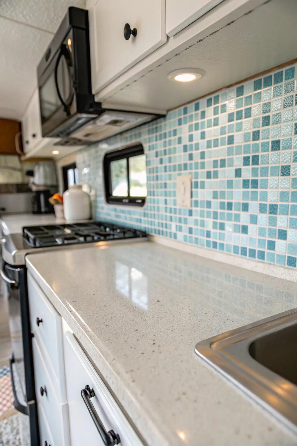 Peel and stick tiles offer a simple and flexible solution for your RV kitchen.