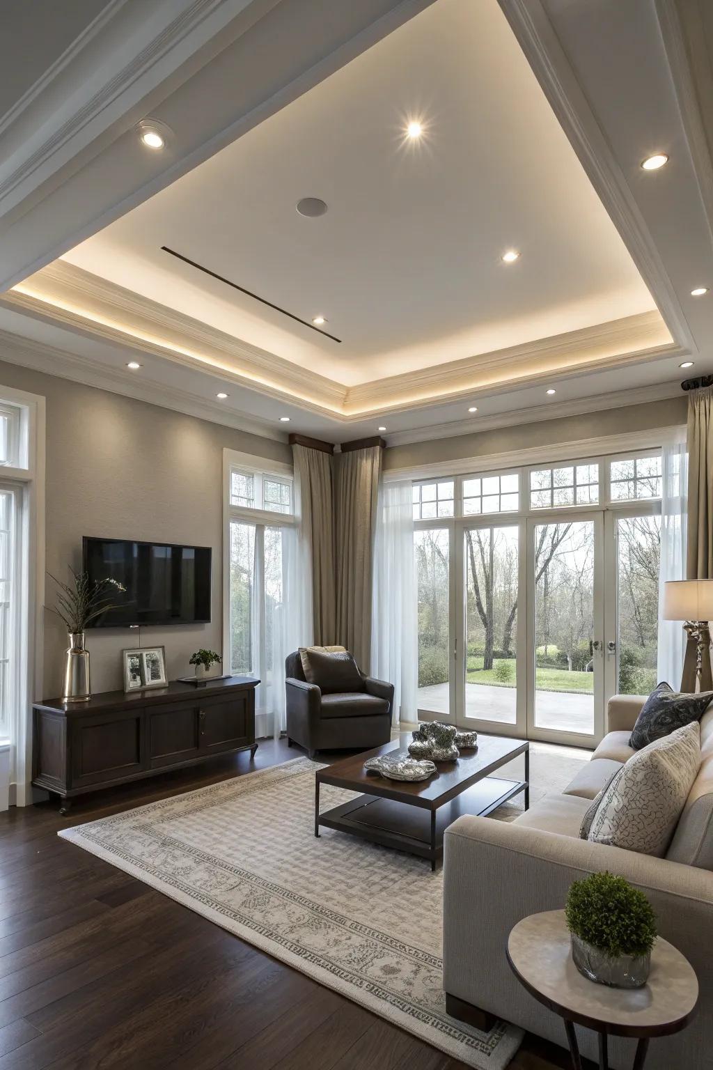 A modern living room with discreet recessed lighting.