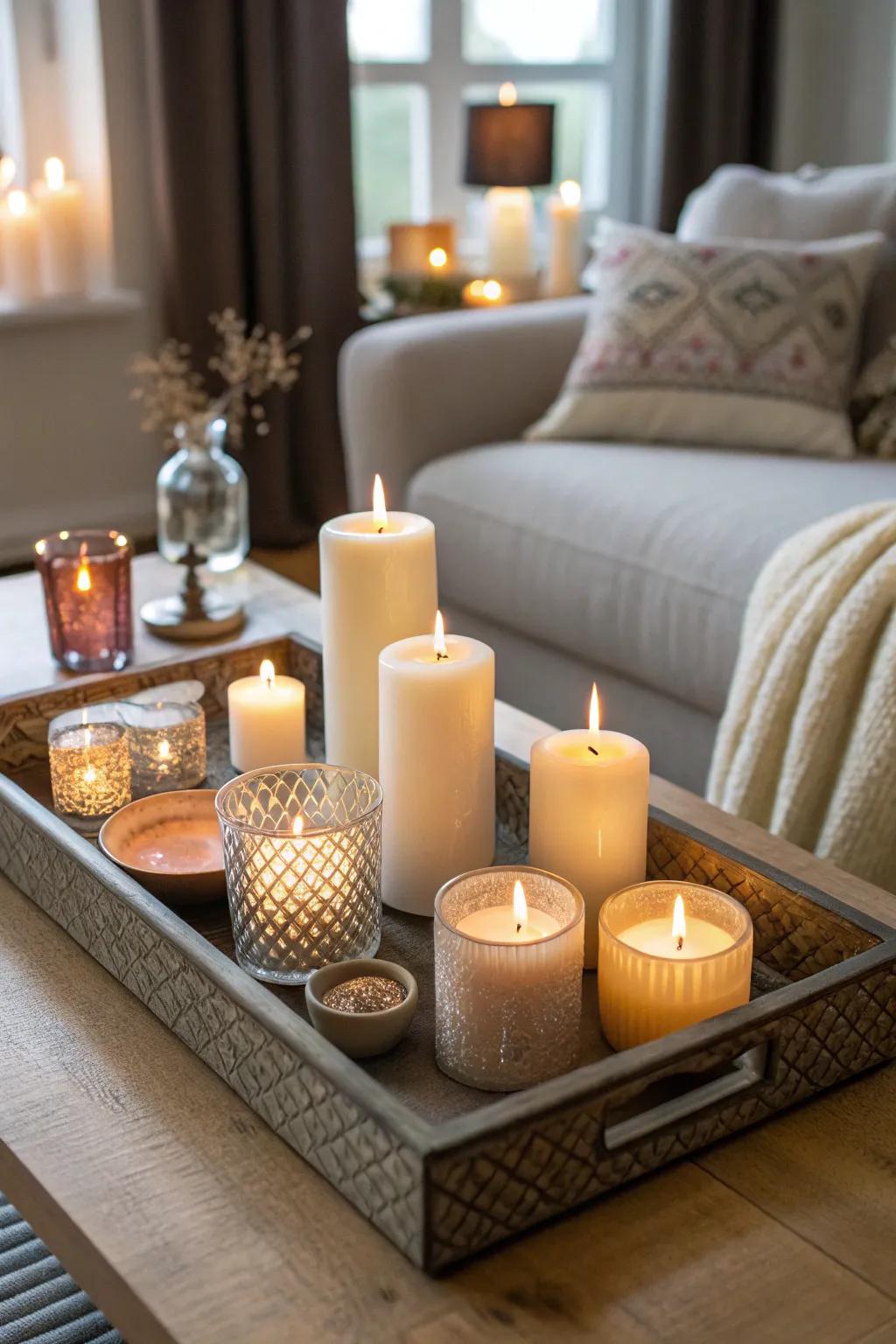 Create a soothing atmosphere with a collection of candles.