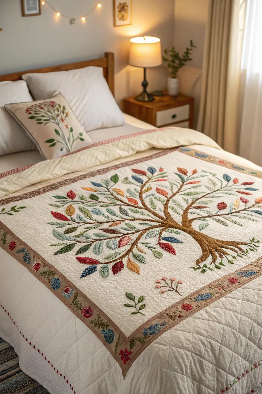 An embroidered Tree of Life quilt adds warmth to a cozy bed.