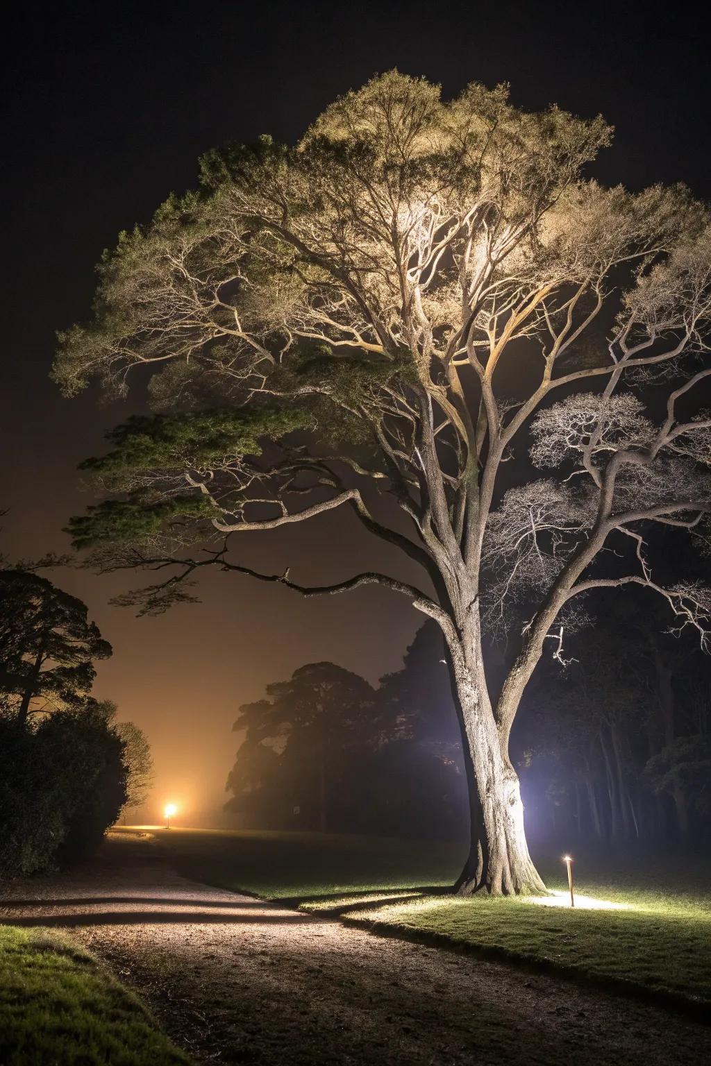 Uplighting emphasizes the tree's height and structure.