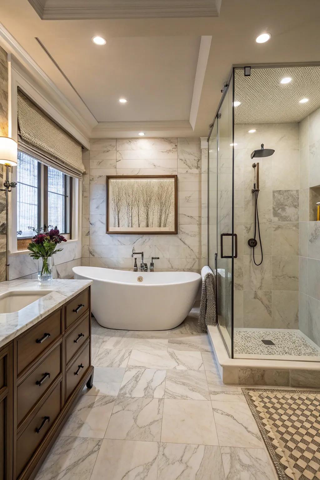 A freestanding tub elegantly placed within the shower, offering a serene spa-like experience.