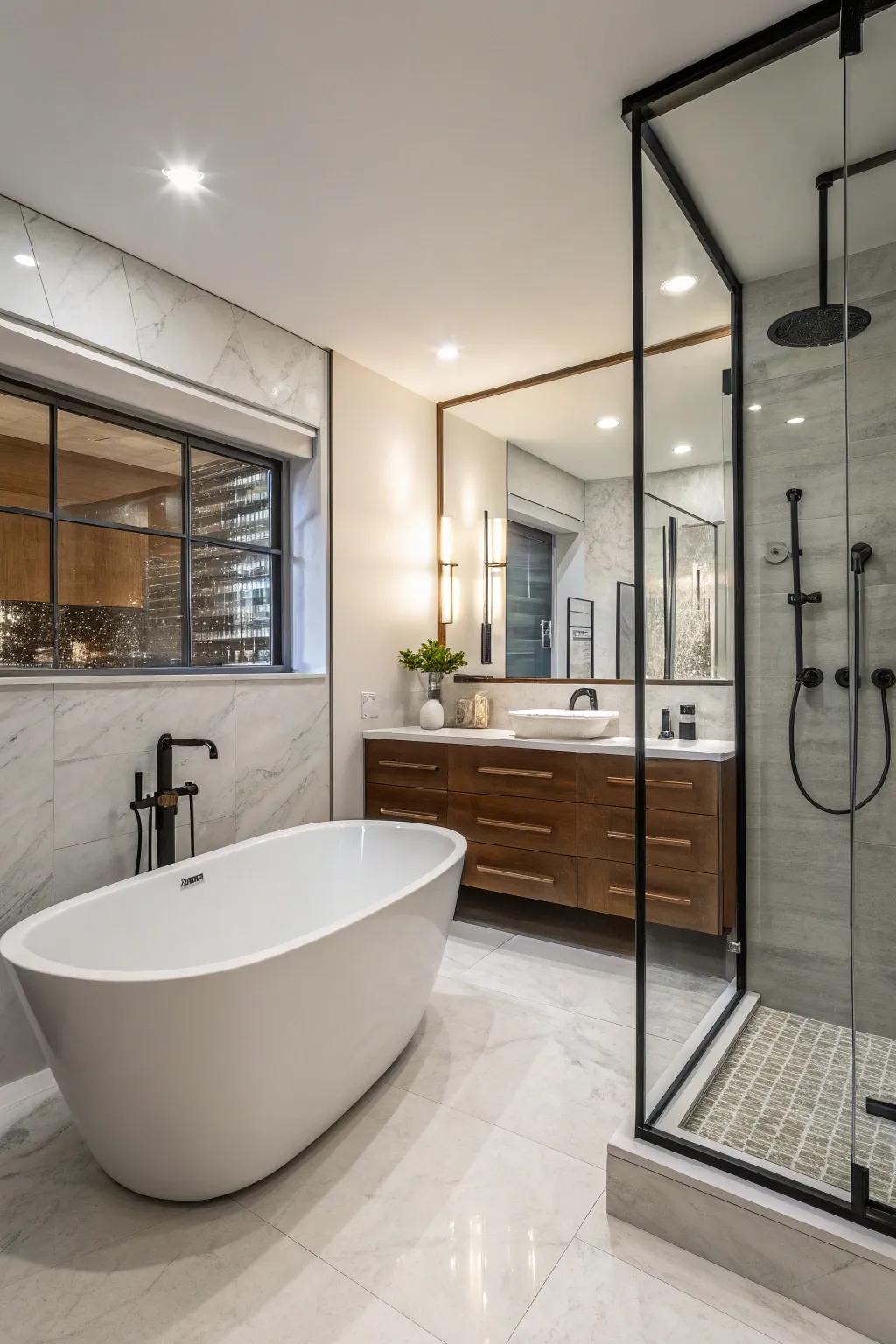 Freestanding tubs offer a luxurious look next to modern showers.