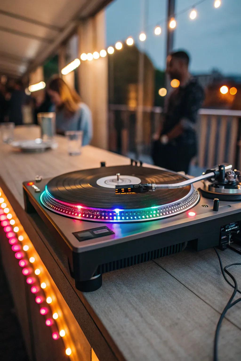 Colorful LED strip lights enhancing a turntable setup.