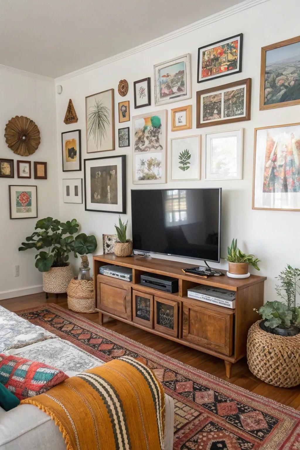 Asymmetrical frames bring character to this TV gallery wall.