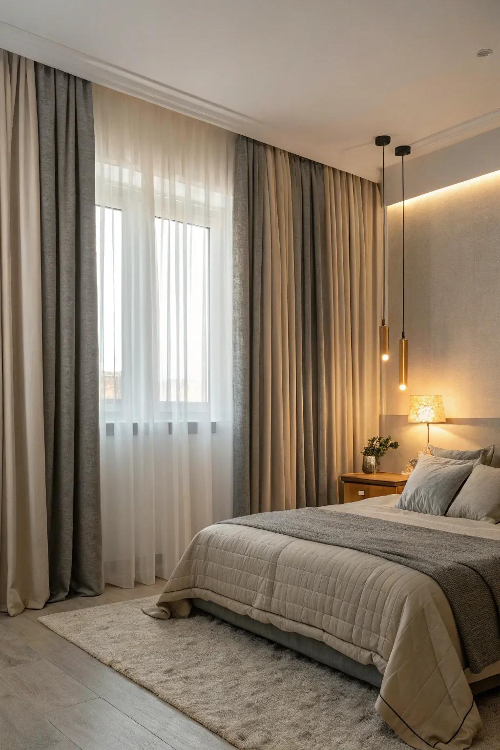 Neutral two tone curtains creating a serene ambiance in a bedroom.