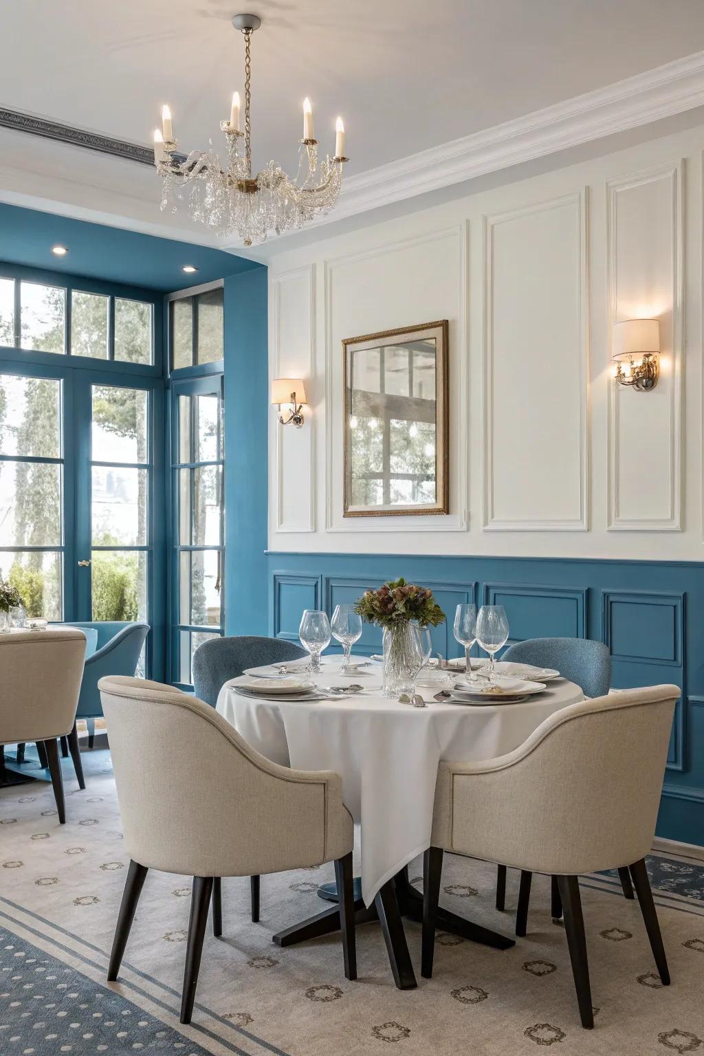 Blue and white elevate this dining area with timeless elegance.