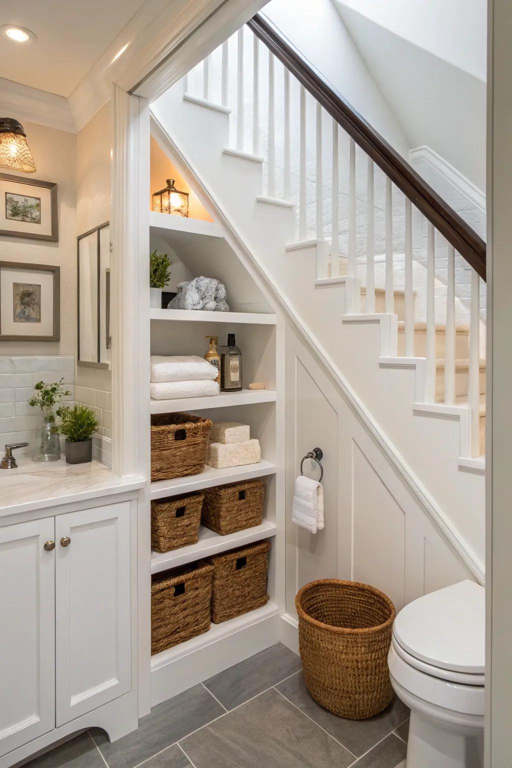 An under-stair bathroom featuring built-in shelves and recessed niches for efficient storage.