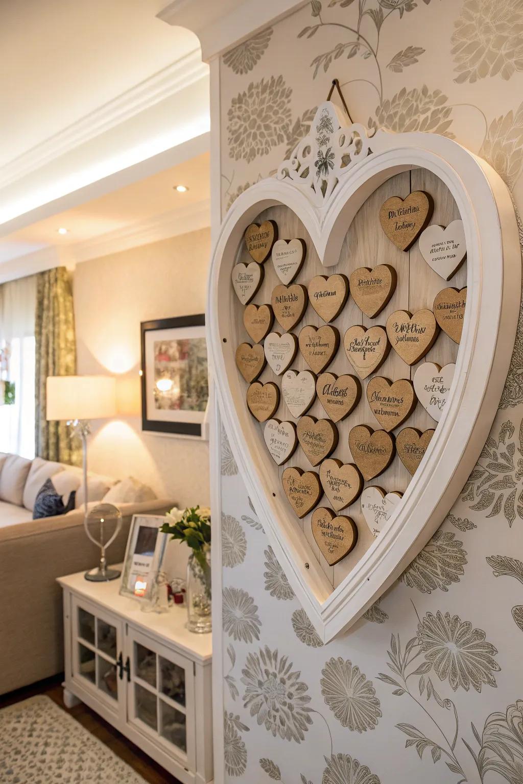 Guests sign wooden hearts, creating a beautiful wall display.