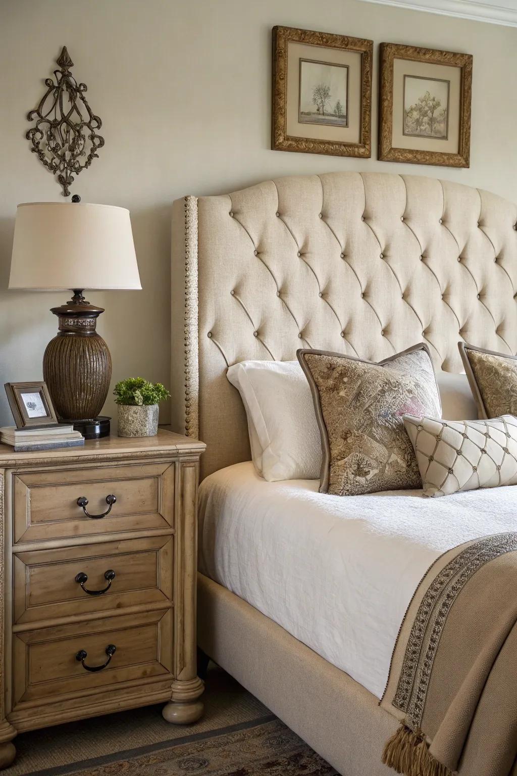 Button-tufting adds timeless charm to this elegant bedroom.