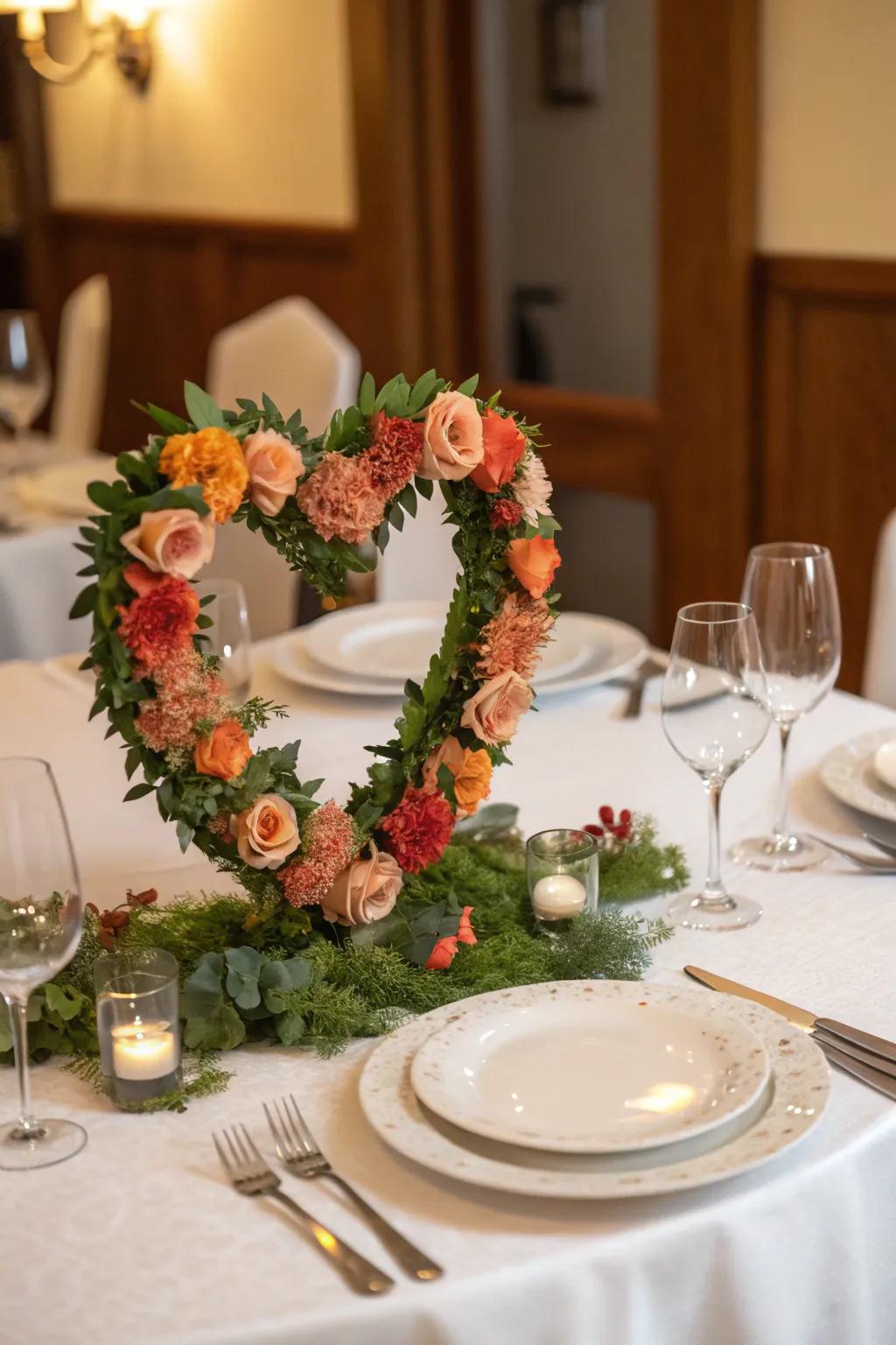A heart-shaped wreath adds whimsical charm to the table.