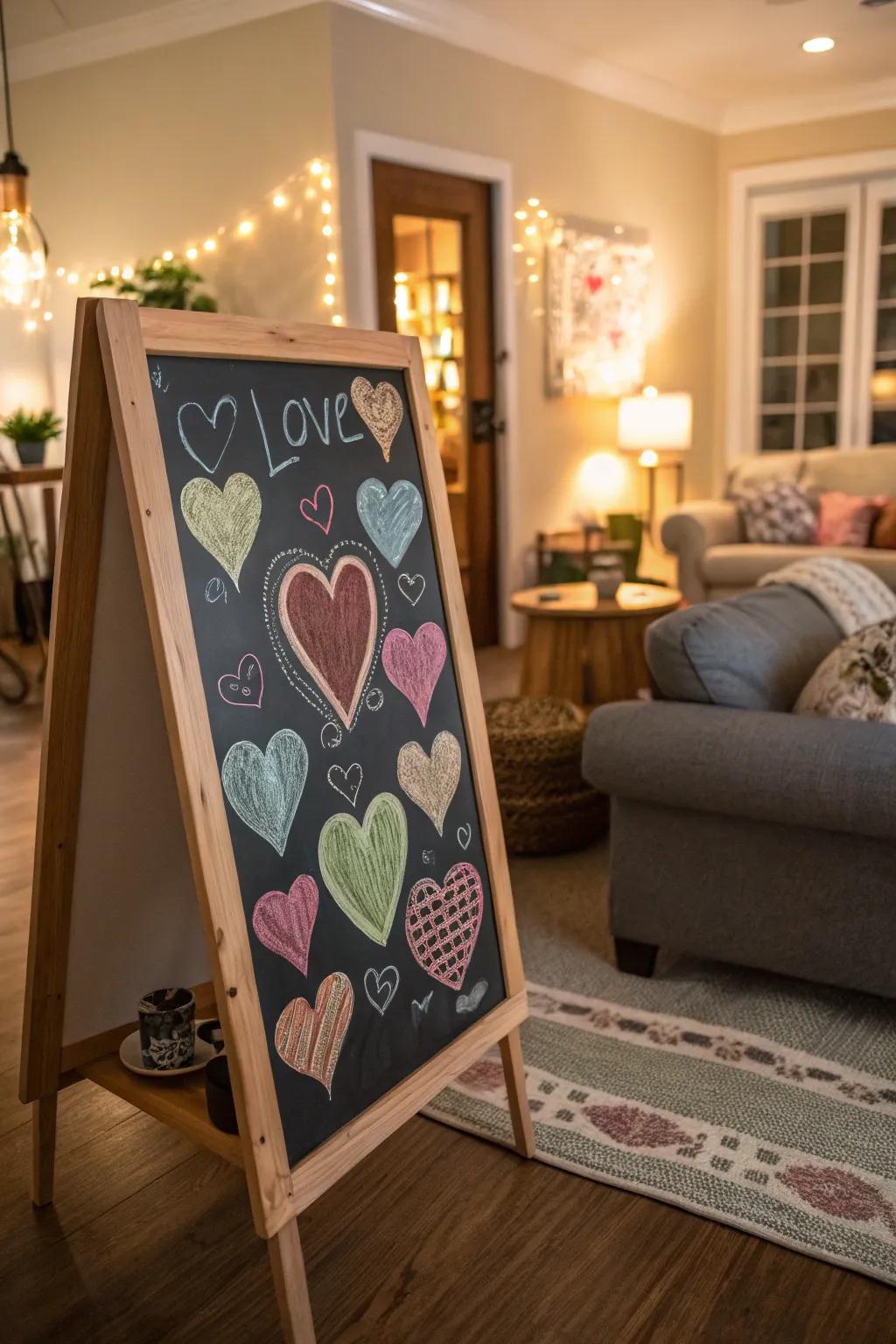 A chalkboard bursting with heart designs.