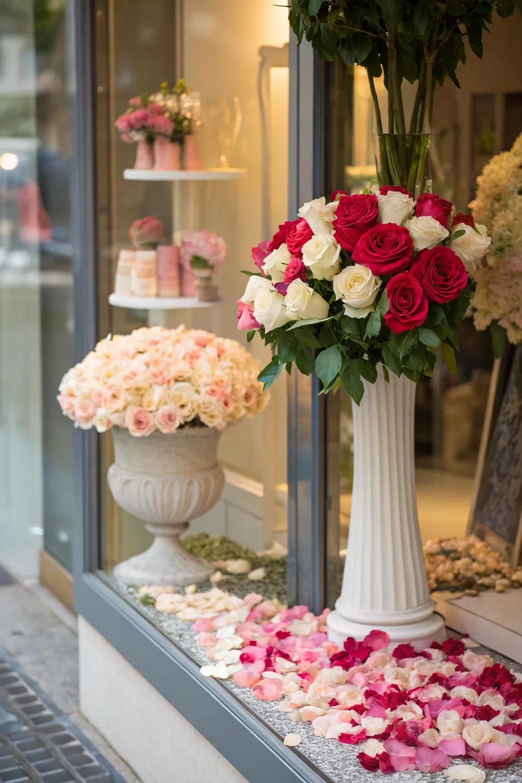 A romantic floral display in a store window, perfect for Valentine's Day.