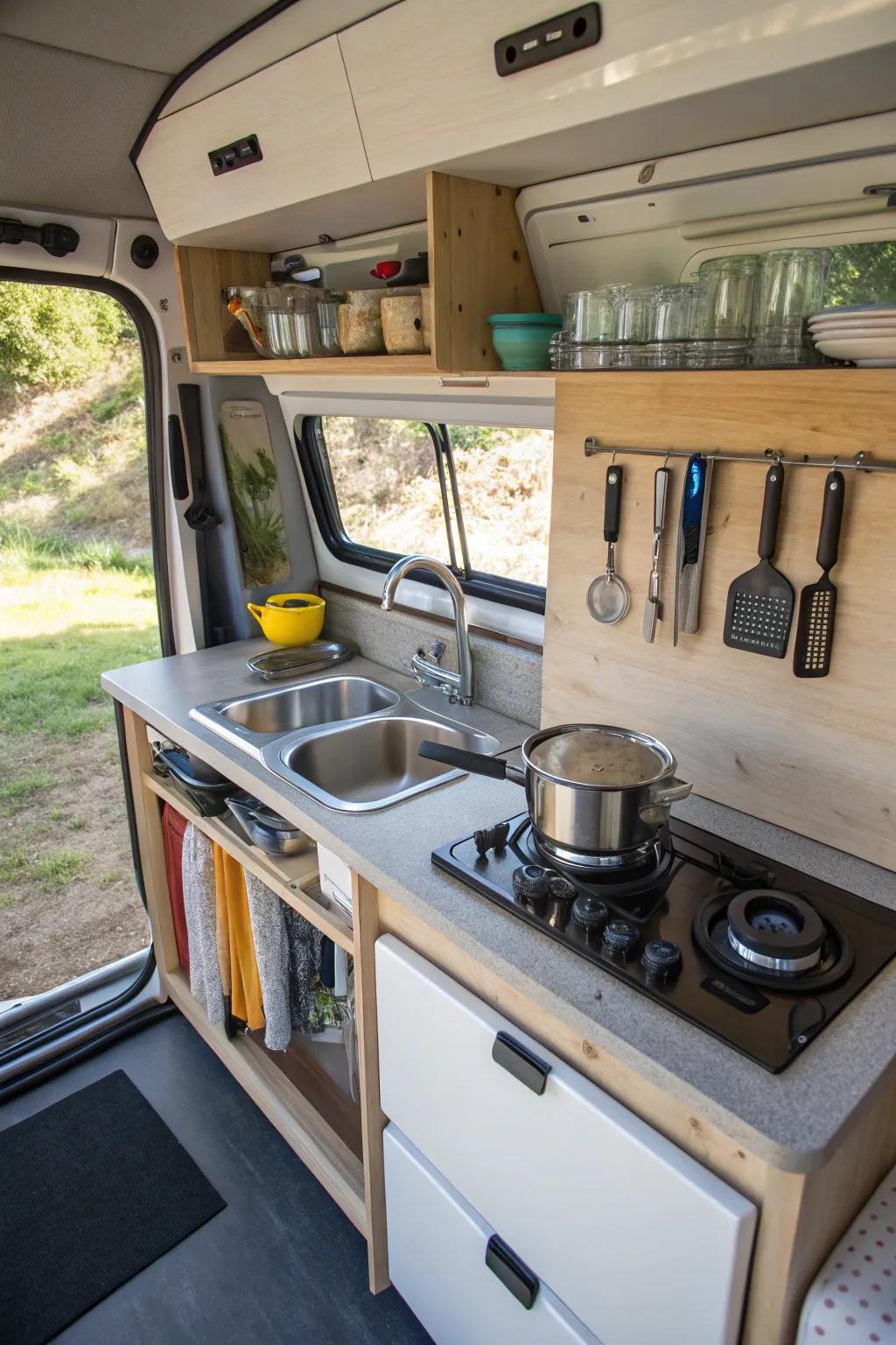 A well-organized compact kitchen perfect for van living.