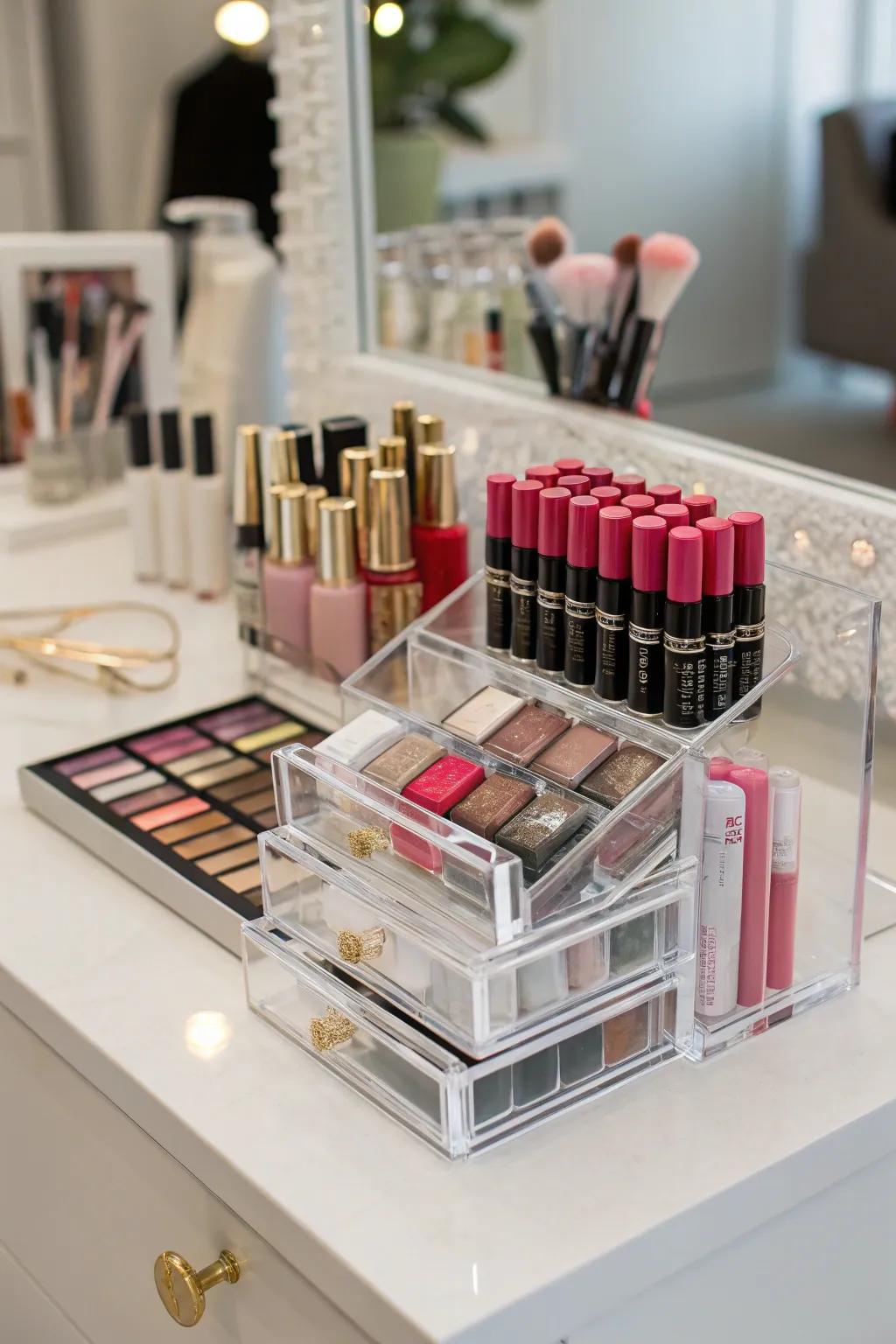 Clear acrylic organizers keep your vanity stylishly tidy.