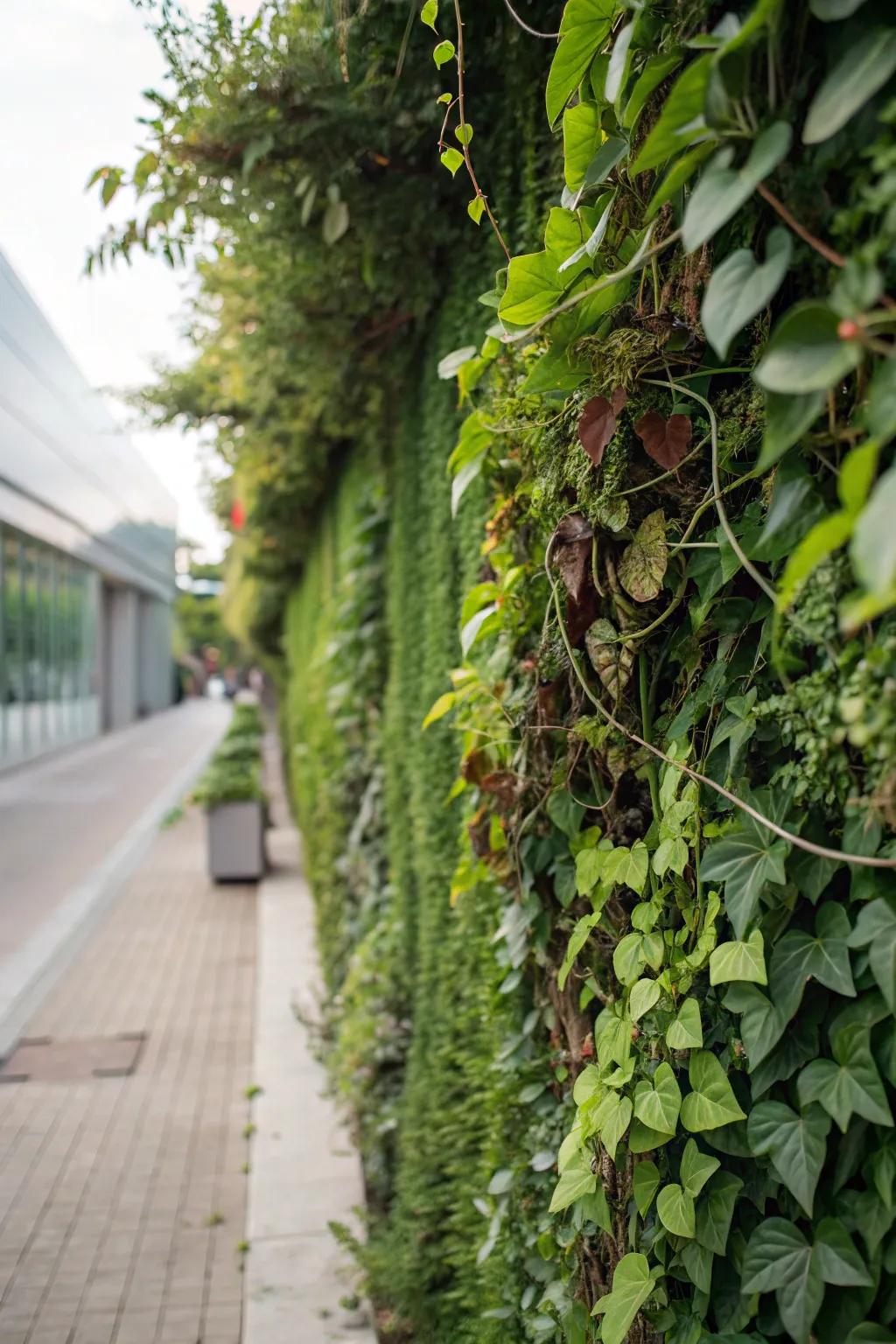 A vibrant green wall transforming a dull fence into living art.