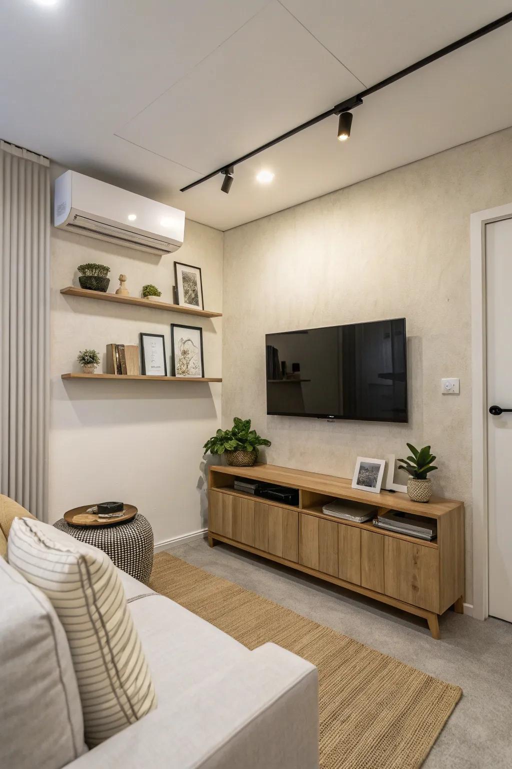 Wall-mounted TV saves space and adds a modern touch