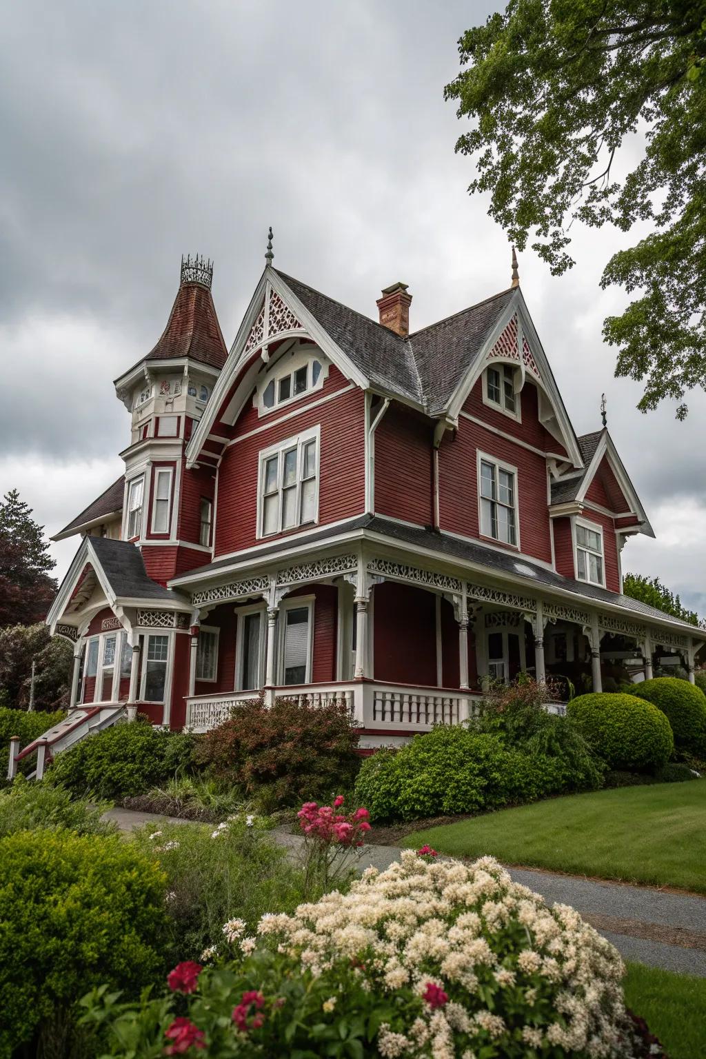 Contrasting trim highlights the architectural details of this Victorian home.