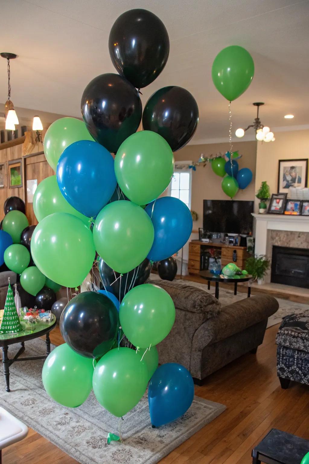 Vibrant balloons in game-themed colors add a festive touch.