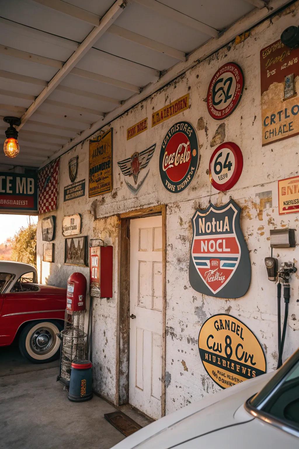 Retro signage brings a splash of nostalgia to a vintage garage.